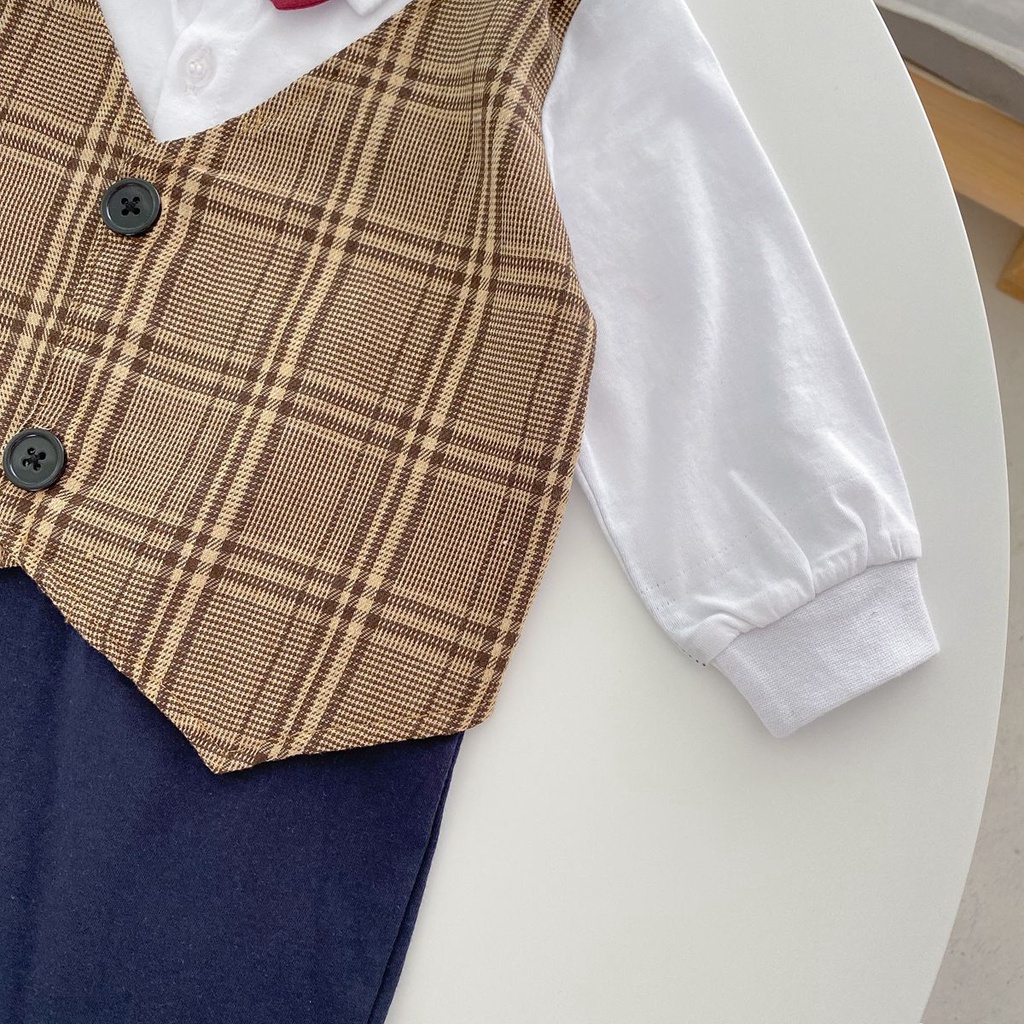 Sanlutoz Áo Liền Quần Dài Tay Họa Tiết Caro Thời Trang Cho Bé Trai