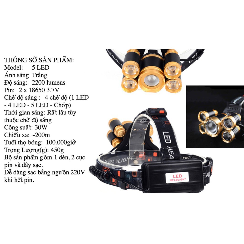 Đèn pin đội đầu 5 bóng cực sáng kèm pin sạc