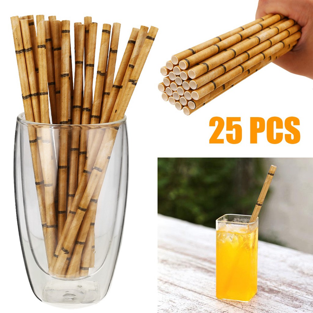 ✨tingmy✨25Pcs Tiki Hawaiian Party Supply Paper Drinking Straws Tropical Bamboo Print