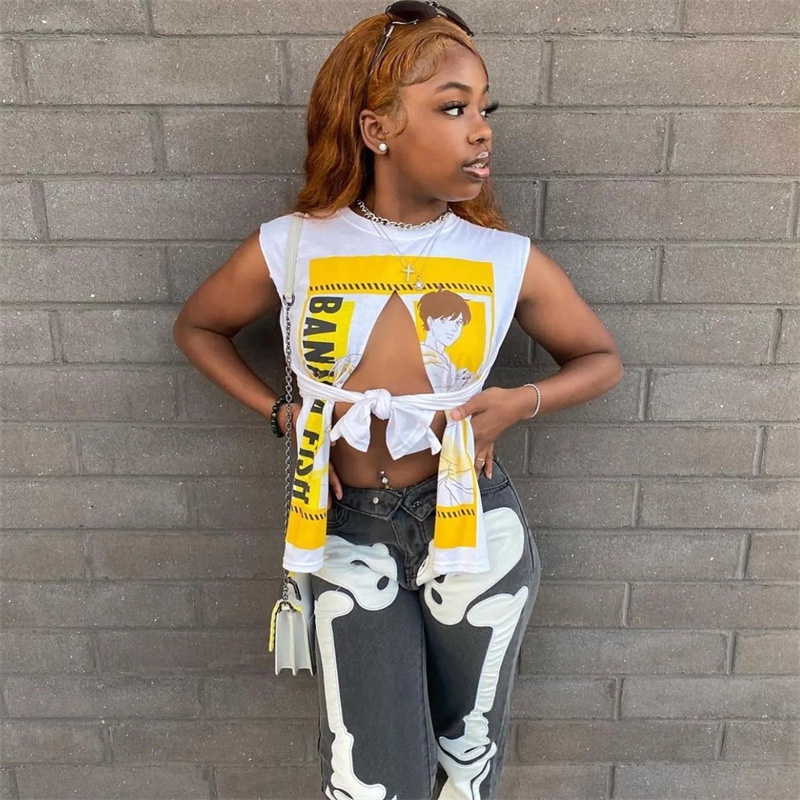 Áo Tank Top Sát Nách Cổ Tròn In Hình Anime Xẻ Tà Thắt Nơ Gợi Cảm Cho Bạn Gái