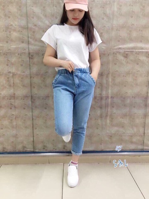 Quần baggy bò lưng thun cạp cao + Tặng 1 đôi vớ nữ siêu dễ thương | BigBuy360 - bigbuy360.vn