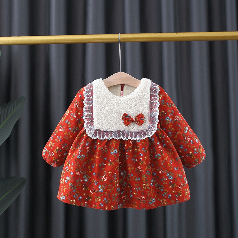 Đầm Dài Tay Thắt Nơ In Hoa Thời Trang Thu Đông Mới Cho Bé Gái