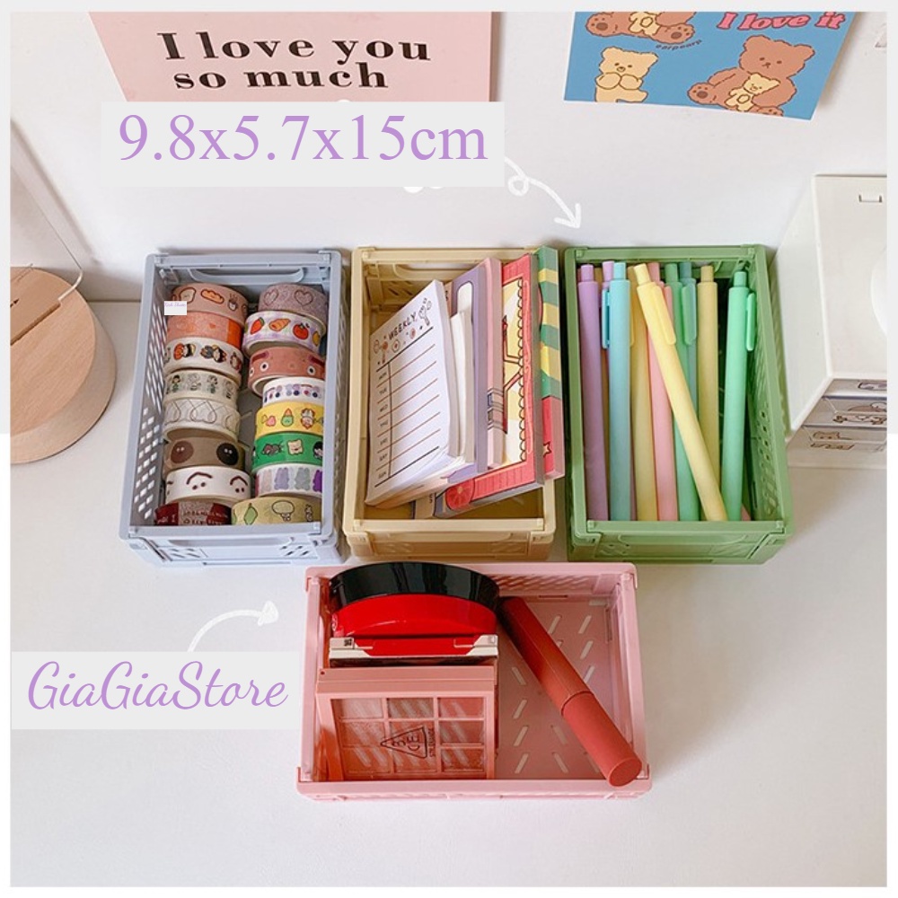 Giỏ nhựa đựng đồ mỹ phẩm, đồ dùng cá nhân , học tập có thể gấp gọn tiện lợi Rổ đựng đồ để bàn màu sắc đáng yêu size nhỏ