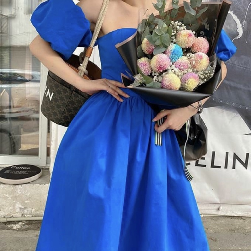 Đầm Midi Xanh Rớt Vai Tay Phồng 🦋FREESHIP 🦋