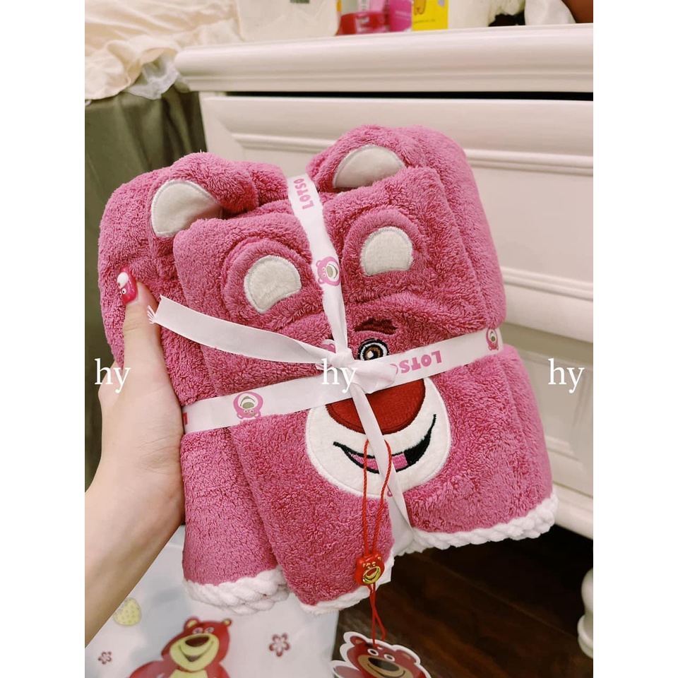 Set 2 Khăn Tắm Vải Lông Cừu San Hô Mềm Mại Thấm Hút Không Phai Màu Họa Tiết Chú Gấu Dâu Tây Xinh Xắn