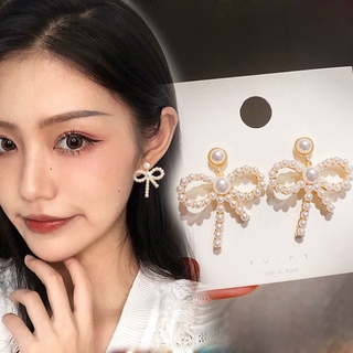 Bông tai nơ đính ngọc trai giả phong cách Hàn Quốc dành cho nữ