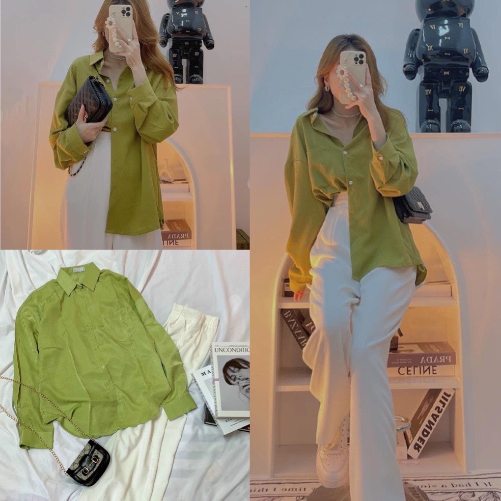 Sét áo sơ mi xanh cốm kèm quần ống rộng trắng- bộ đồ nữ hàn quốc áo chất lụa quần chất tuyết mưa lưng cao ulzzang