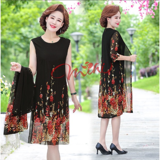 Set đầm dự tiệc trung niên nữ V50, váy voan cho mẹ dáng suông chất đẹp cao cấp sang trọng U40 U50 U60 U70 Bigsize giá rẻ