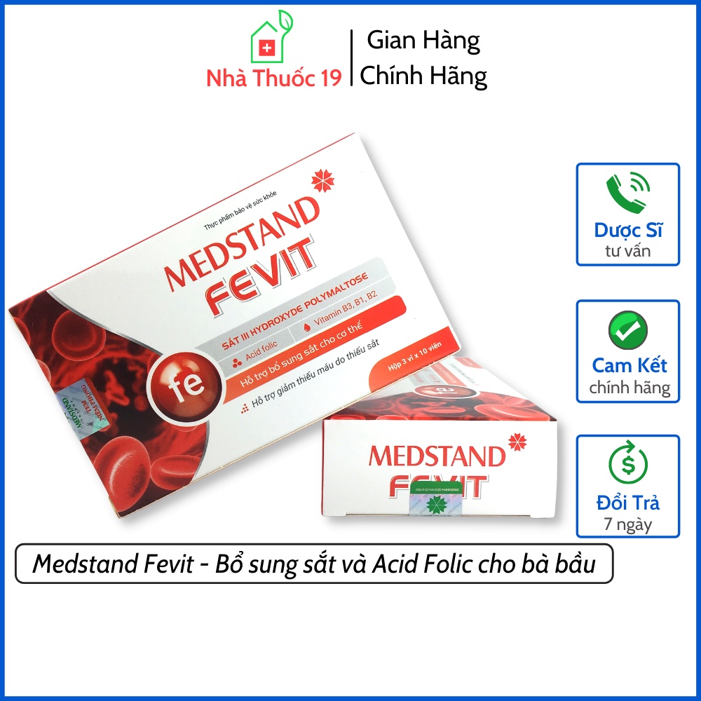 Medstand Fevit - Bổ sung sắt và Acid Folic cho bà bầu, viên bổ máu cho phụ nữ đang mang thai, sau sinh (Hộp 30 viên)
