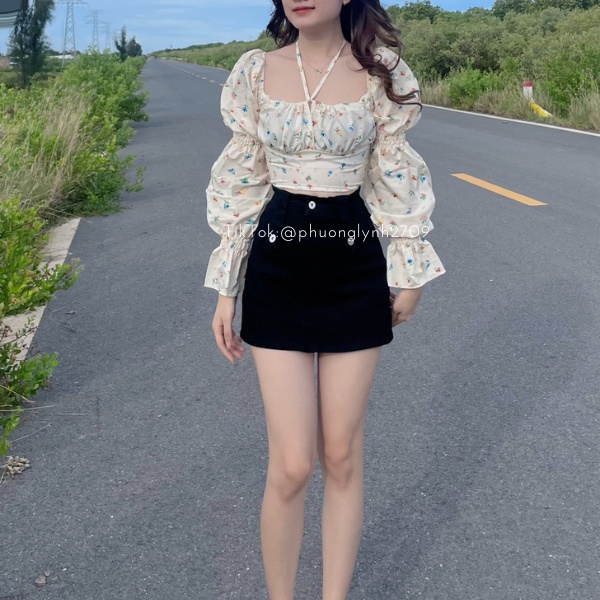 Áo kiểu hoa nhí , áo bẹt vai tay bồng , chân váy kèm đai co giãn PLA72