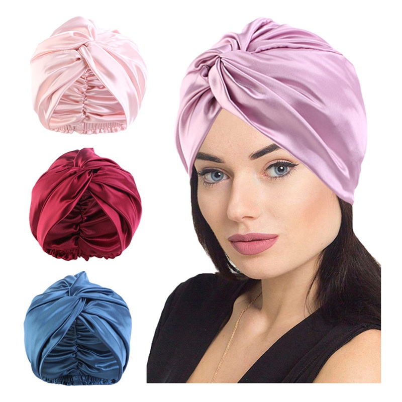 Brroa Mũ Ngủ Vải Lụa Satin Thắt Nút Đôi Co Giãn Thoải Mái Cho Nữ Hea