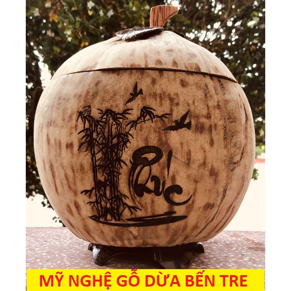 Bình giữ nhiệt trái Dừa | Bộ giữ ấm trà bằng trái dừa khắc Lazer có đế - DANH DUA SHOP