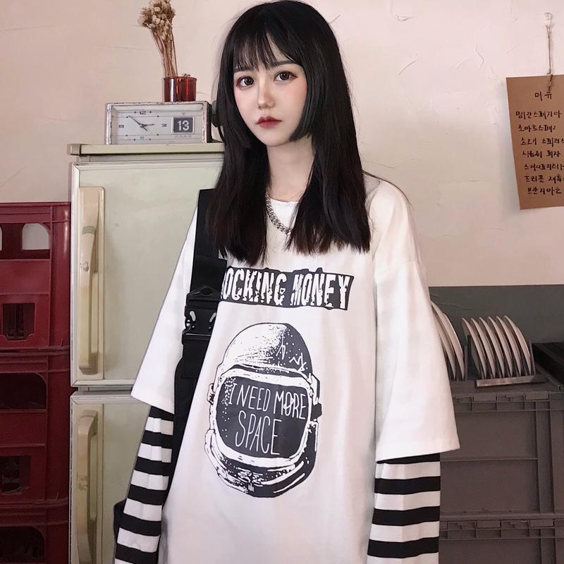 Áo Thun Giả Hai Lớp Tay Dài Dáng Rộng Họa Tiết Kẻ Sọc Thời Trang Xuân Thu Có Size Lớn 150Kg Cho Nữ 240 Phút