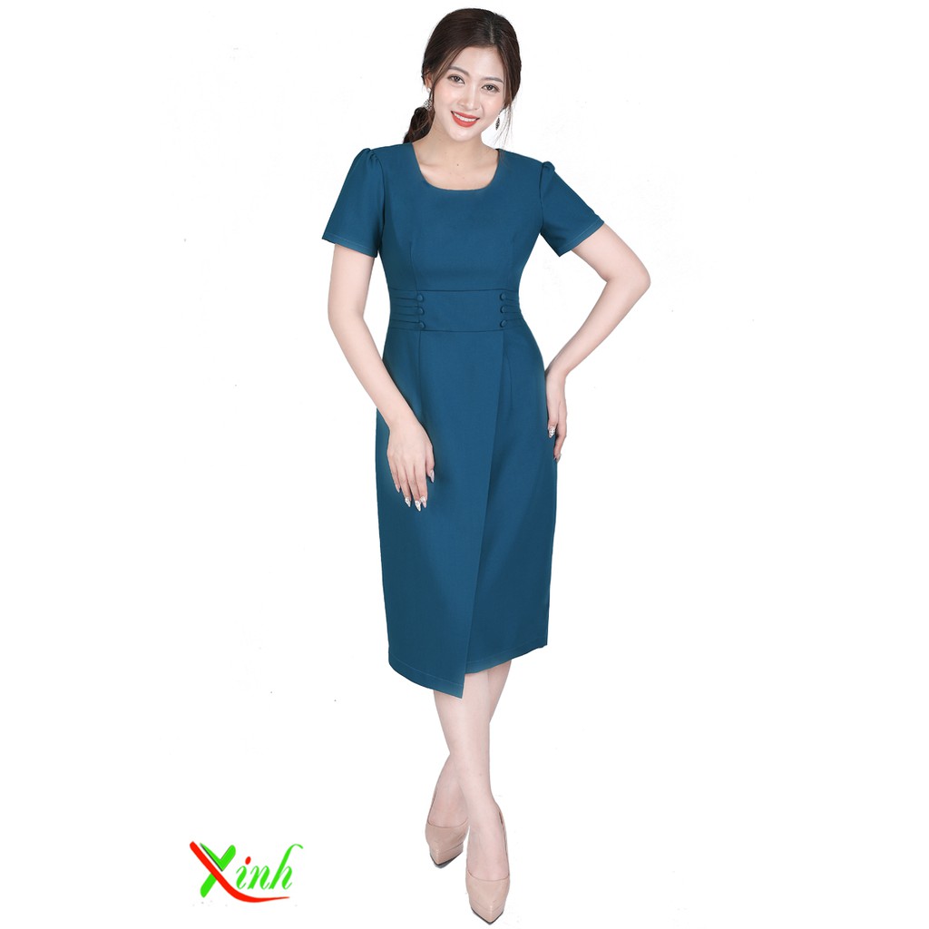 [Mã FAMALLT5 giảm 15% đơn 150k] Đầm xanh cổ vịt tà chéo thời thượng ThoiTrangXinh DL629