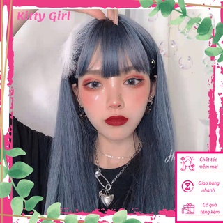 Tóc Giả Nguyên Đầu Tóc Thẳng Dài Mái Thưa Cosplay Anime Màu Xanh Khói Cá Tính Dài 65cm TG13