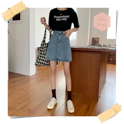 Chân váy bò jeans denim FIRST DATE cạp cao váy chữ A nữ mùa hè Chân váy jean chân váy chữ A xanh