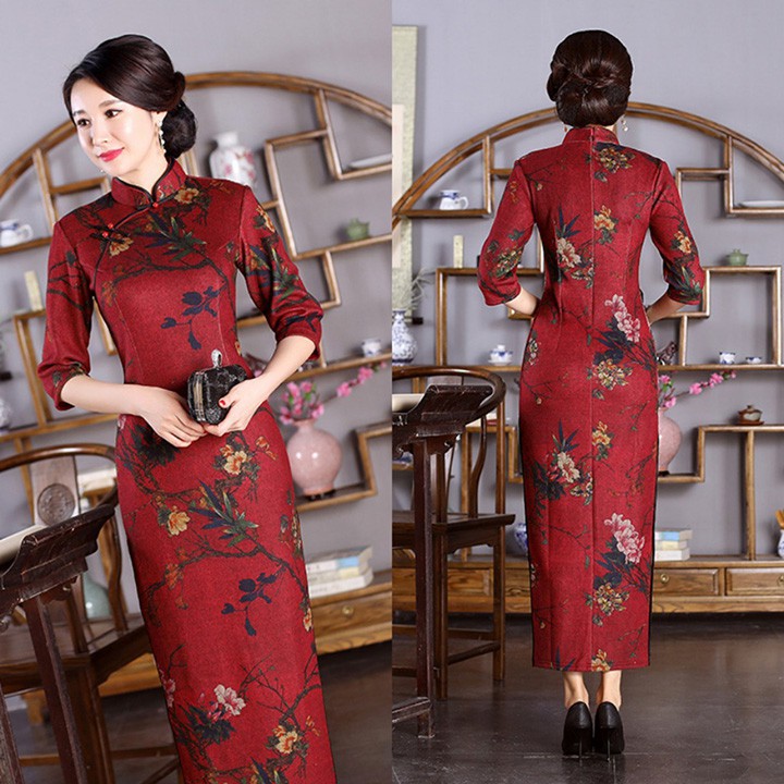 ĐẦM SƯỜN XÁM THƯỢNG HẢI CỔ TÀU QUÝ BÀ IN HỌA TIẾT HOA LÁ CÂY NỀN ĐỎ SANG TRỌNG CÓ SIZE LỚN - HÀNG NHẬP KHẨU