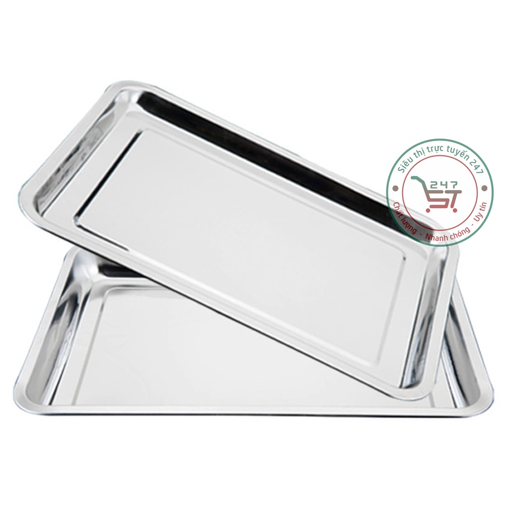 Khay inox cạn chữ nhật đựng thức đồ ăn dày đẹp nhiều kích thước tiện dụng sáng bóng