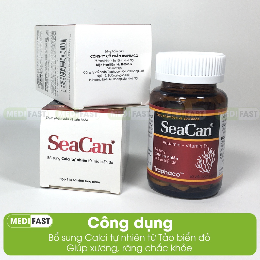 Bổ sung canxi từ tảo biển Seacan - Lọ 60 viên - giảm loãng xương, tăng chiều cao Chính hãng Traphaco