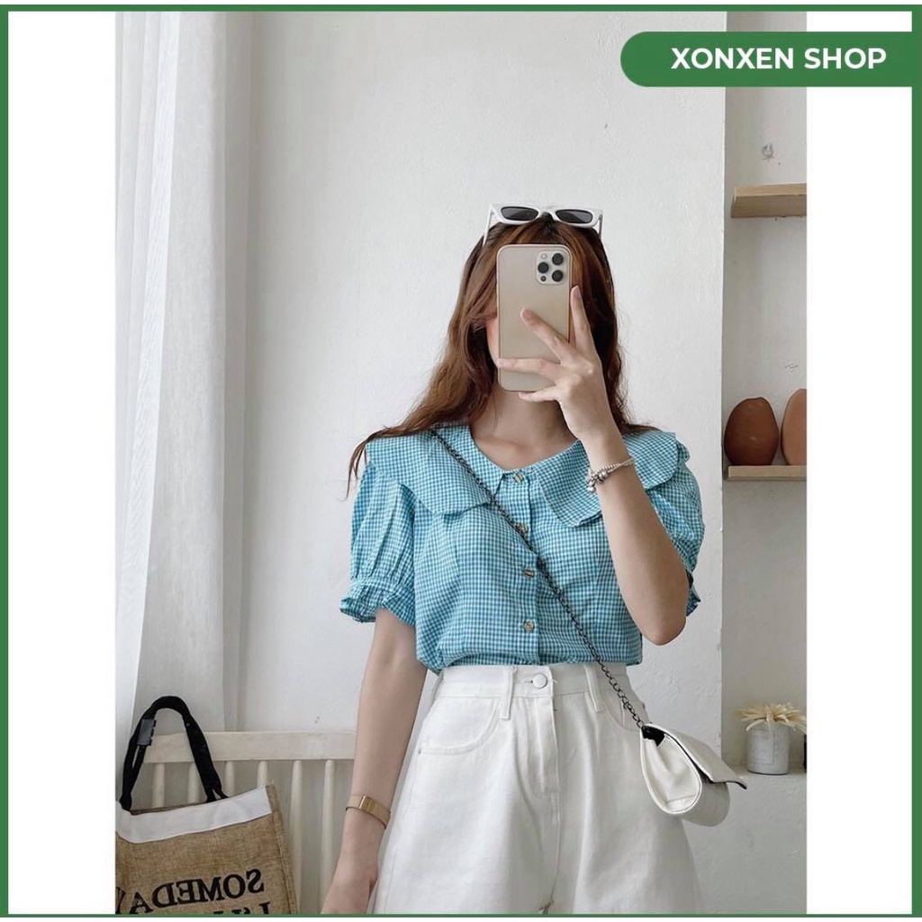 Áo kiểu caro cổ bèo form vừa vặn cực xinh XONXEN SHOP QUY NHƠN mã 76