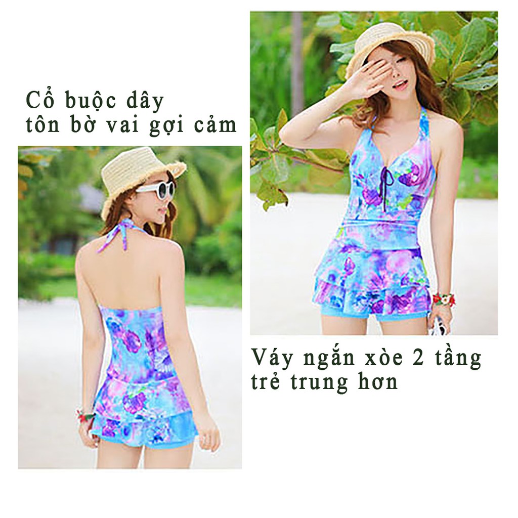 Áo bơi nữ áo tắm nữ liền váy ngắn 2 tầng kèm quần bơi kín đáo gợi cảm MH1613 | BigBuy360 - bigbuy360.vn