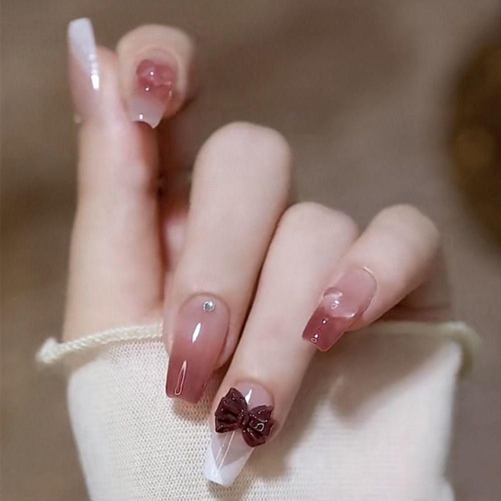 Bộ 24 Móng Tay Giả Che Phủ Toàn Diện Màu Hồng Xinh Xắn