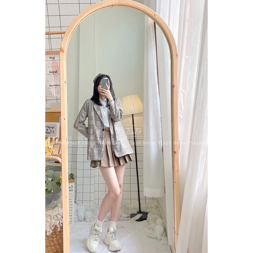 Áo blazer 2 lớp kẻ nâu tây Tia19. Áo khoác vest kẻ caro ulzzang hai lớp