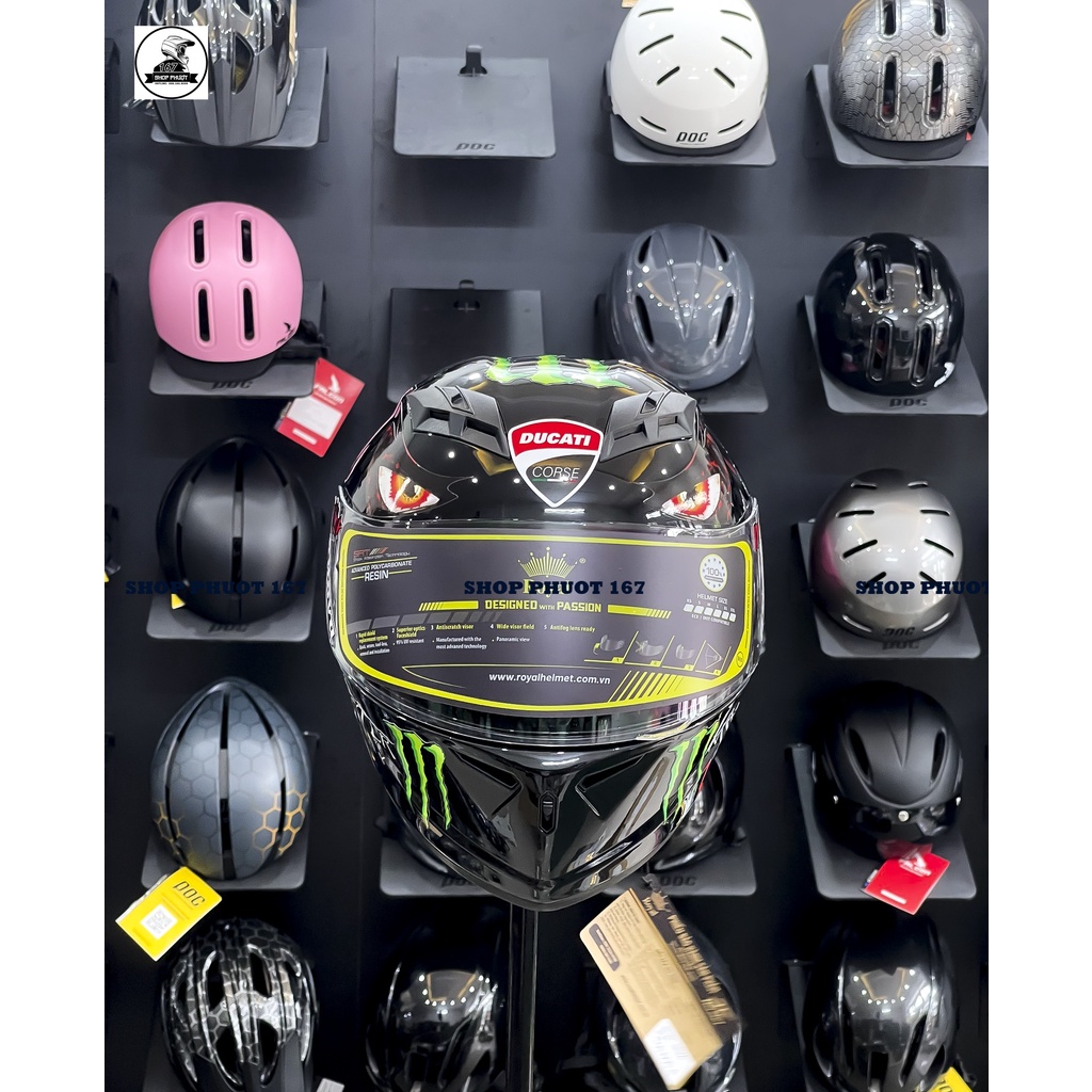 Mũ nón bảo hiểm Fullface Royal M266 2 kính đen bóng lên tem SHARK DUCATI chính hãng