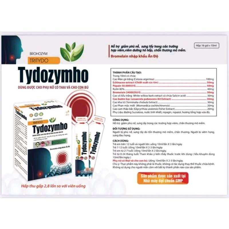 TYDOZYMHO BROHOZYM TRITYDO hộp 16 gói Bromelain nhập khẩu hỗ trợ giảm viêm, sưng