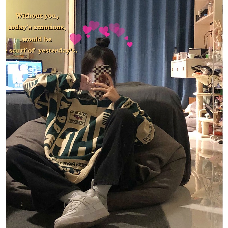 Porozi  Áo len dài tay in họa tiết Graffiti phong cách Hàn Quốc dành cho nữ