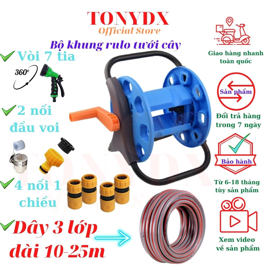 Vòi tưới cây 7 tia bằng nhựa, ống dây nước 3 lớp dài từ 10 đến 25 mét gồm khung rulo khớp cút nối nhanh Tonydx store