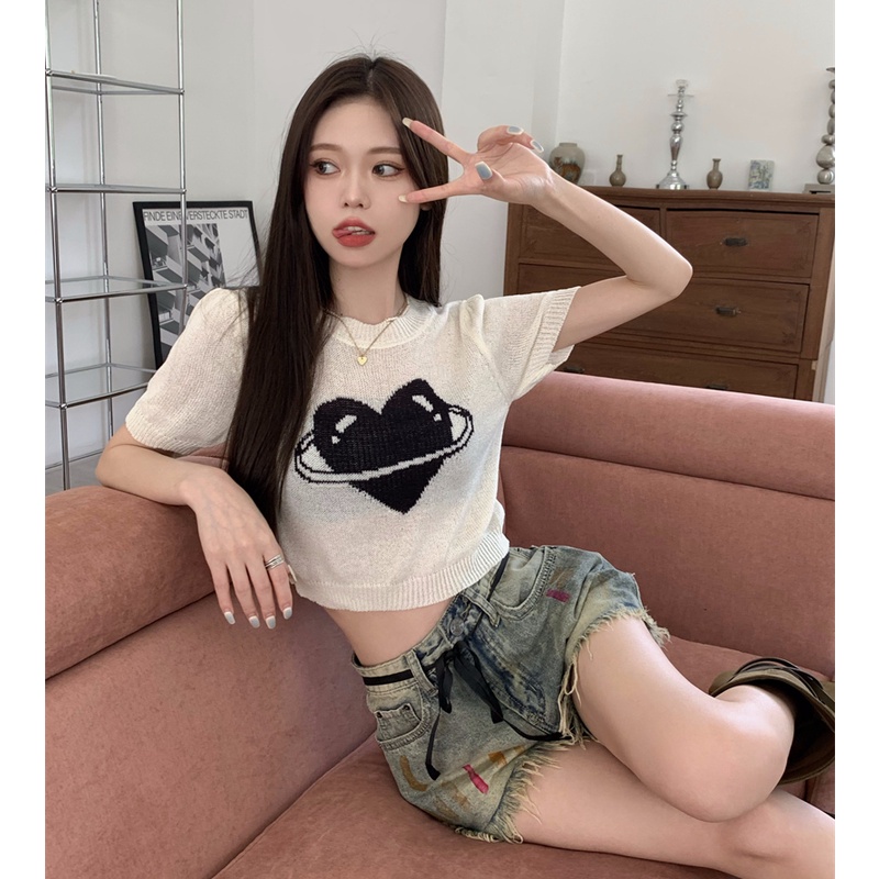 NUZIRO Áo Dệt Kim Ngắn Tay Cổ Tròn Phong Cách Vintage Hàn Quốc Cho Nữ