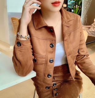 Set áo khoác + chân váy da lộn