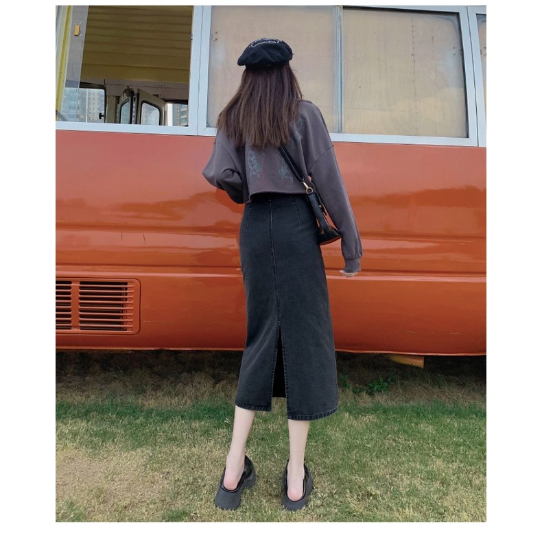 Chân váy jean COZOKC xẻ tà lưng cao thời trang Hàn Quốc