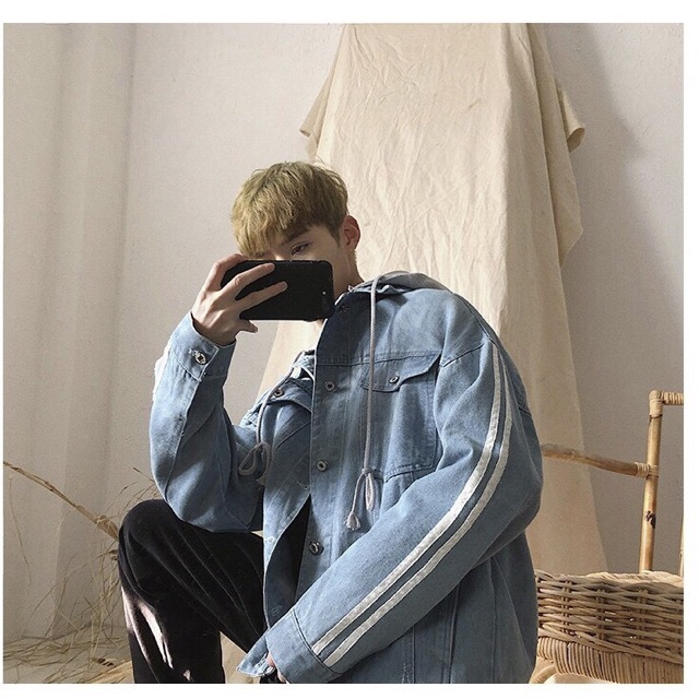 Áo khoác jean nam nữ Sọc đôi trắng tay áo và nón nỉ đẹp Hàn Quốc hàng loại 1 BB0404