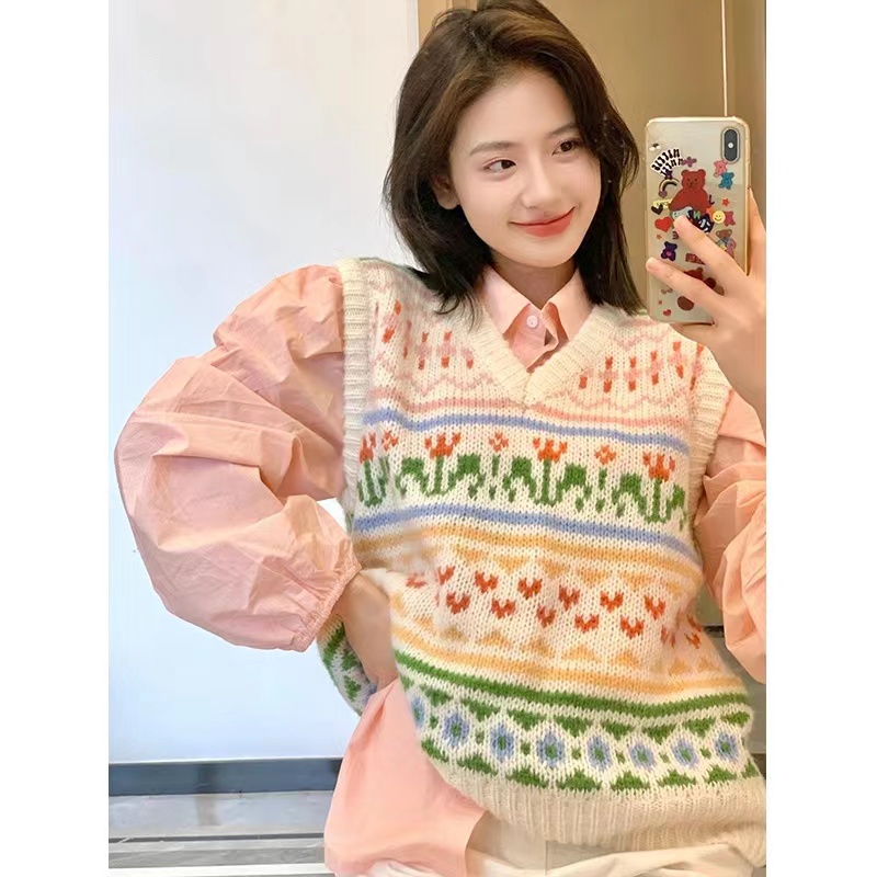 Áo Dệt Kim Sát Nách Dáng Rộng Thêu Hoa Kiểu Hàn Quốc Thời Trang Mùa Thu Cho Nữ