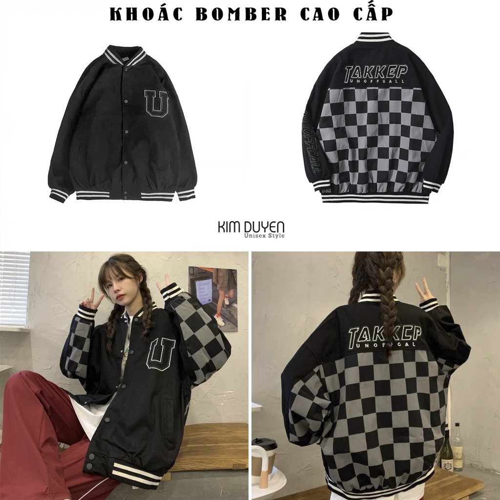 Áo Khoác Bomber Bàn Cờ Áo Khoác Nỉ Ngoại Cao Cấp Form Rộng Unisex Nam Nữ Hàng Chuẩn