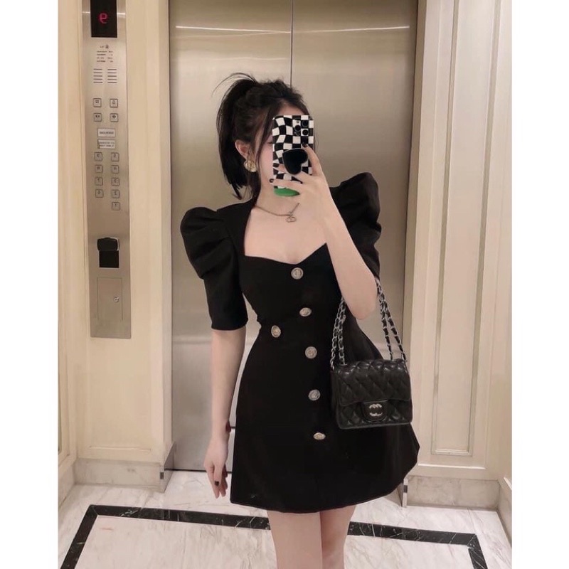 Váy kaki cổ vuông tay bồng hàng loại 1 dáng chữ A hottrend 2022