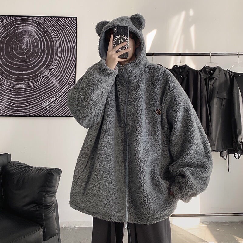 Áo Khoác Tai Gấu Xám Hot Trend Phong Cách Unisex Nam Nữ- Áo Khoác Kéo Khoá Ulzzang