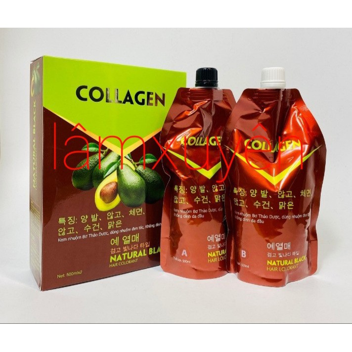 Kem nhuộm tóc phủ bạc 100% bơ thảo dược COLLAGEN 500ml x2 không dính,bám đen vào da đầu (màu đen) lên màu chẩnFREESHIP