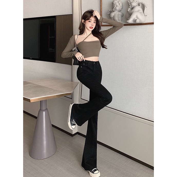 Quần jean ống Bass đen tuyền BigSize lưng cao, co dãn mạnh, ống siêu dài 106cm 4114