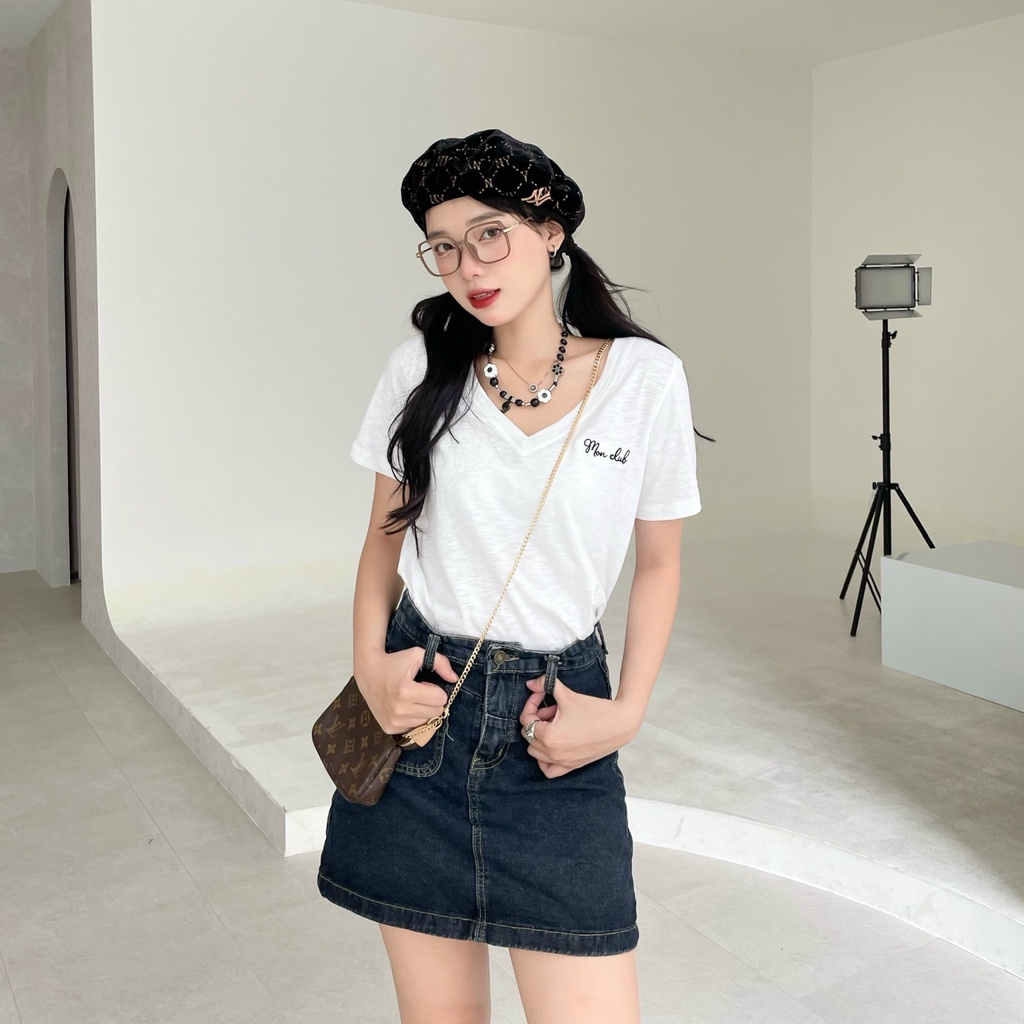 Áo thun nữ Mon vải cotton xược mềm mát kiểu cổ V SS0369
