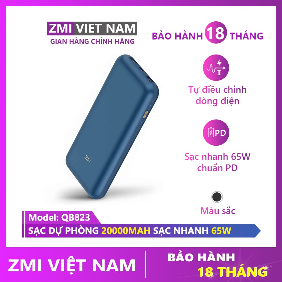 [ ZMI VIỆT NAM ] Sạc Dự Phòng ZMI QB823 20000mAh Sạc Nhanh 65W, 2 Cổng USB A, 1 Type C | Bảo Hành 18 Tháng
