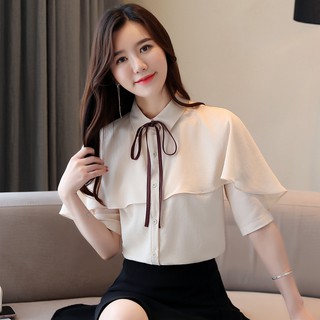 Áo Kiểu Chất Chiffon Tay Ngắn Phối Bèo Thời Trang Công Sở Thanh Lịch