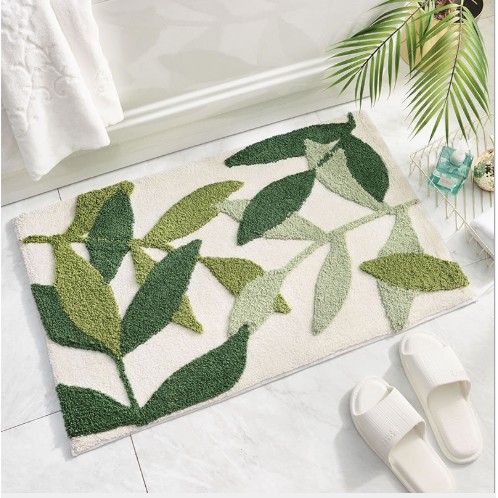 Thảm chùi chân trang trí thảm cao cấp Minhome họa tiết lá xanh in nổi thấm hút chống trượt 2 size 45x65 50x80cm TC202
