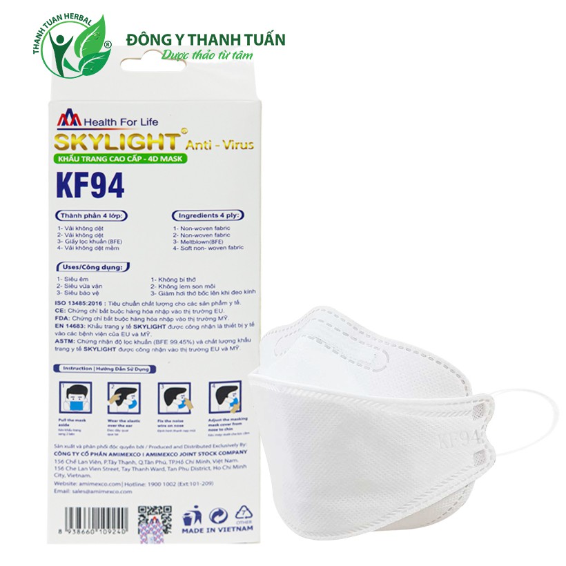 Khẩu Trang Y Tế 4D Mask KF94 Skylight Chứng Nhận FDA Mỹ – Hộp 10 Cái ( Trắng Hoặc Xanh)