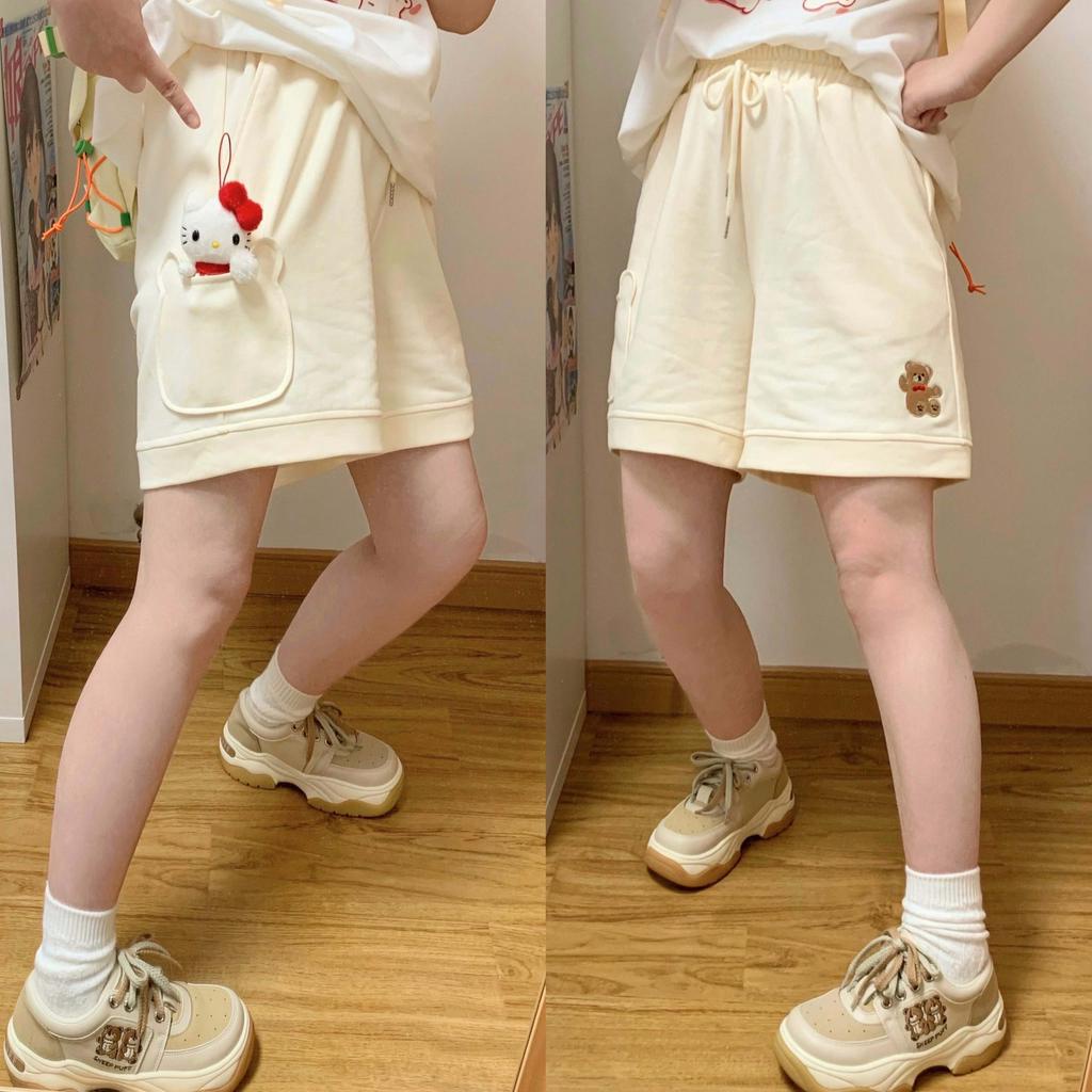 Quần Short Thể Thao Ống Rộng Thêu Hình Gấu Nhỏ Dễ Thương Thời Trang Mùa Hè Cho Nữ