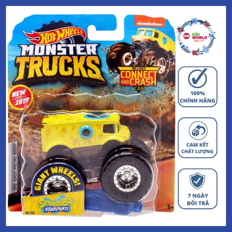 Xe mô hình Hot Wheels Monster Trucks Connect and Crash Car Giant Wheels Spongebob Squarepants GBT38.