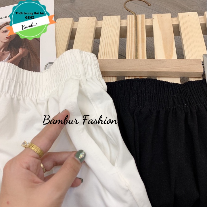 Quần sooc đùi nữ Bambur cạp chun chất đũi mềm đẹp dáng thể thao hai màu đen trắng cho phái đẹp