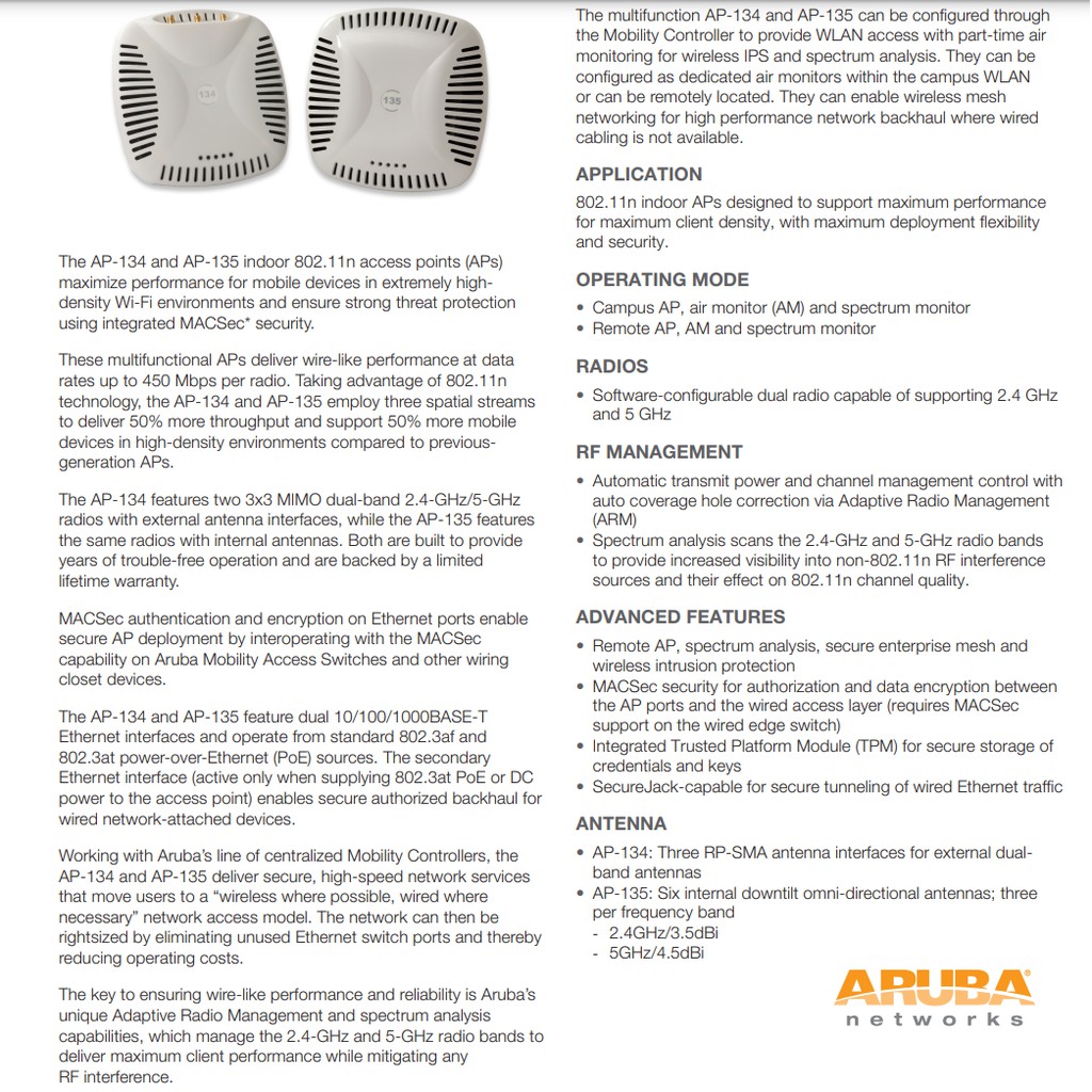 Bộ Phát Wifi Aruba IAP-135 RW Chuyên Dụng Full Box kèm nguồn 12V-2A, chấn đế treo trần